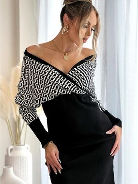 Off-Shoulder Black and White Geometric Knit Sweater Dress